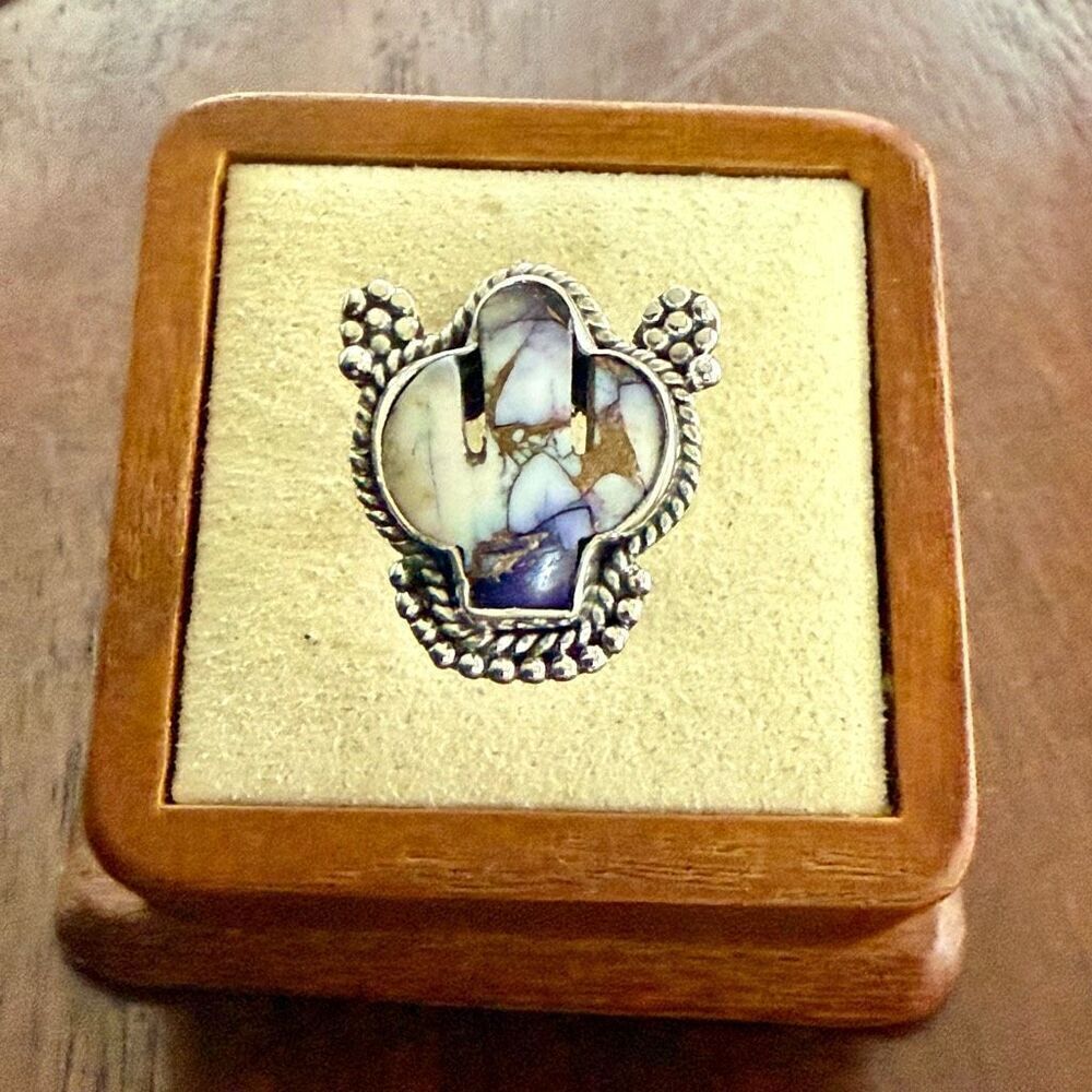 Western Purple Dahlia Turquoise Cactus Boho Statement Ring Sterling Silver Sz 6